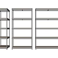 Three Open Metal Frame Shelves With Wooden Boards And Multiple Layers