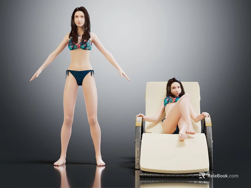 Two Women Posing in Bikini Standing and Sitting on Lounge Chair 3d model 