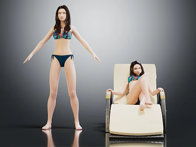 Two Women Posing in Bikini Standing and Sitting on Lounge Chair 3d model