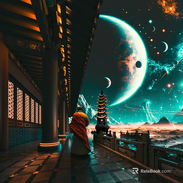 Ancient Architecture Featuring Traditional Pagoda Ornate Columns and Carved Windows Under Starry Sky with Planet 3d model 