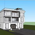 Modern Single Family Villa Exterior White Facade With Balconies Green Trees Lawn And Blue Sky