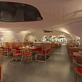 Modern Restaurant Interior With Unique Wave-like Ceiling Red Chairs Bar Counter And Windows