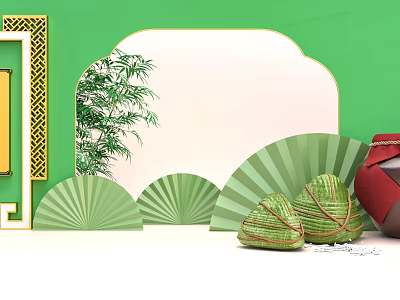 Traditional Dragon Boat Festival Elements With Zongzi Fans And Bamboo Decor 3d model