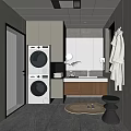 Modern Bathroom Interior With Stacked Washing Machine Dryer Wall Mirror Vanity And Natural Light