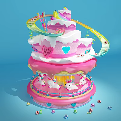 Cake Shaped Multi Layered Kids Playground Equipment With Unicorn Carousel Pink White Cream And Hearts 3d model