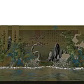 Chinese Style Scenic Photo Spot With Scrolls Calligraphy Pine Tree Bamboo And Rock Formations