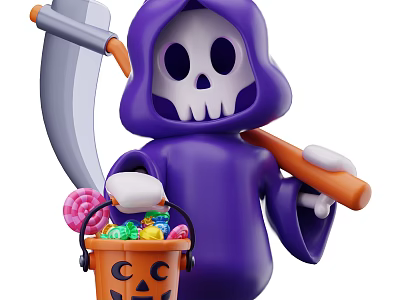 Decorative Ornament Set Featuring Skeleton Purple Hooded Cloak Scythe Pumpkin Bucket and Colorful Candies 3d model