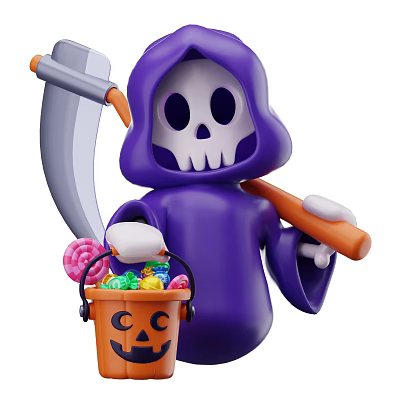 Decorative Ornament Set Featuring Skeleton Purple Hooded Cloak Scythe Pumpkin Bucket and Colorful Candies 3d model
