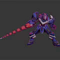 Blue Robot Character With Red Segmented Weapon In Battle Stance And Shiny Armor