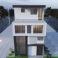 Modern Detached Villa Exterior With Two Story Structure Large Glass Windows And Balcony