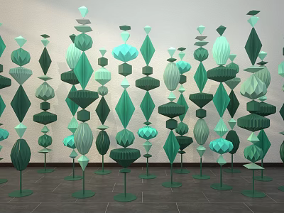 Geometric Decor Green Blue Diamond Sphere Shapes On Green Stands White Wall Gray Floor 3d model