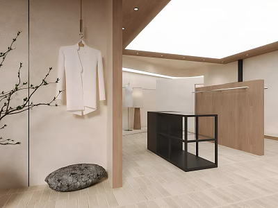 Modern Minimalist Clothing Store Interior Design With Natural Wooden Accents And Elegant Garment Displays 3d model