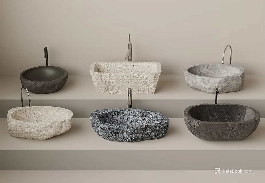 Elegant Stone Washbasins with Textured Surfaces and Various Shapes Displayed on Shelves 3d model 