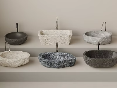 Elegant Stone Washbasins with Textured Surfaces and Various Shapes Displayed on Shelves 3d model