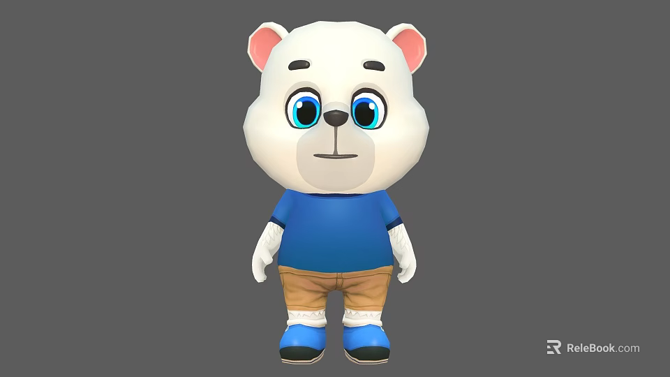 Cute White Cartoon Bear Character With Pink Ears Blue Eyes Blue Shirt And Brown Shorts 3d model 
