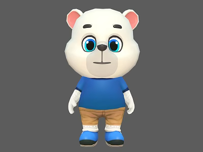 Cute White Cartoon Bear Character With Pink Ears Blue Eyes Blue Shirt And Brown Shorts 3d model