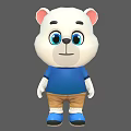 Cute White Cartoon Bear Character With Pink Ears Blue Eyes Blue Shirt And Brown Shorts
