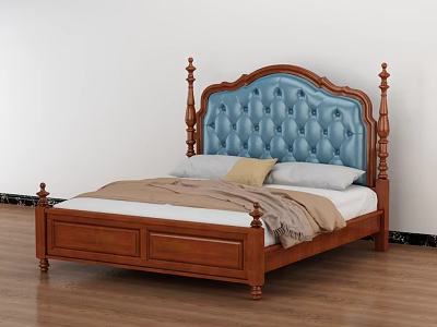 Elegant Wooden Double Bed with Blue Tufted Headboard Spindle Posts and Cozy Blanket 3d model