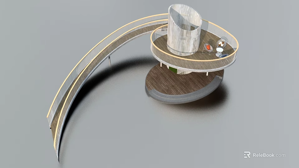 Modern Spiral Pedestrian Road Facility With Curved Walkway Wooden Observation Deck And Railing 3d model 