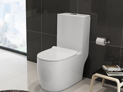 Contemporary Bathroom With White Toilet Black Tiled Walls Light Floor And City View Through Window 3d model