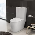 Contemporary Bathroom With White Toilet Black Tiled Walls Light Floor And City View Through Window