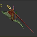Ornate Red And Golden Axe Weapon With Flame Like Patterns And Long Handle