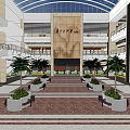 Spacious Modern Commercial Building Lobby Front Desk Reception With Palm Trees White Planters And Benches