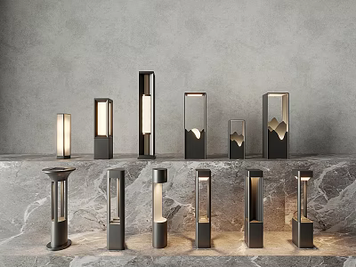 Stylish Modern Outdoor Lights With Various Pillar Designs Showcased On Marble Surface 3d model