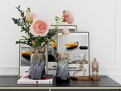 Ornamental Decor Set With Pink Flowers Vases Picture Frames Sculpture And Decor Books 3d model