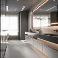 Modern Bathroom Interior With Glass Shower Free Standing Tub Marble Walls And Double Vanity