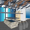 Contemporary Interior Space With Wooden Ceiling Hanging Lights And Glass Display Counter