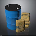 Industrial Storage Setup Featuring Blue Barrel And Stacked Yellow Bags