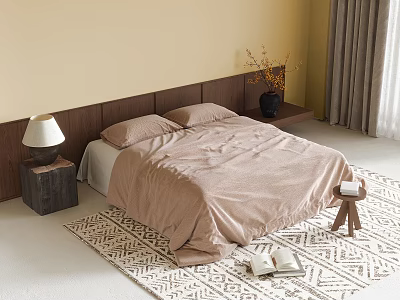 Double Bed With Light Brown Quilt Wooden Headboard On Beige Walls Geometric Rug Open Book Gray Curtains 3d model