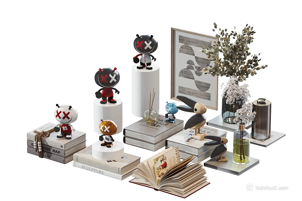 Decorative Ornament Set with Stuffed Dolls Books Vase and Decorative Painting for Home Tabletop Decoration 3d model 