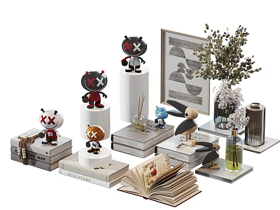 Decorative Ornament Set with Stuffed Dolls Books Vase and Decorative Painting for Home Tabletop Decoration 3d model