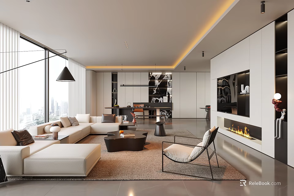 Modern Living Room Interior With Large Windows White Sofa Fireplace And TV Wall 3d model 