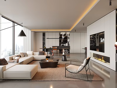 Modern Living Room Interior With Large Windows White Sofa Fireplace And TV Wall 3d model