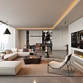 Modern Living Room Interior With Large Windows White Sofa Fireplace And TV Wall