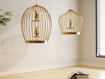 Elegant Golden Birdcage Chandeliers Featuring Decorative Birds In Modern Interior Space 3d model