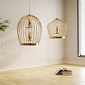 Elegant Golden Birdcage Chandeliers Featuring Decorative Birds In Modern Interior Space