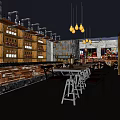 Modern Bar Interior With Wooden Wine Shelves Hanging Pendant Lights And Dining Tables