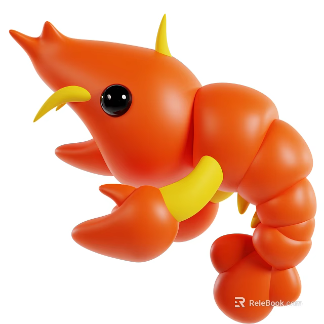 Playful Orange Cartoon Shrimp Character With Yellow Antennae And Claws 3d model 