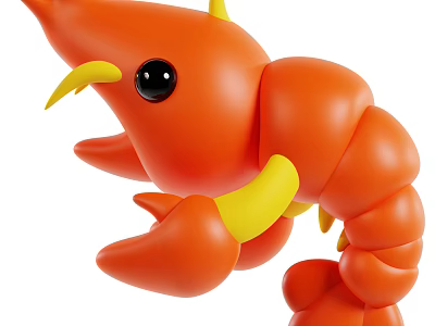 Playful Orange Cartoon Shrimp Character With Yellow Antennae And Claws 3d model