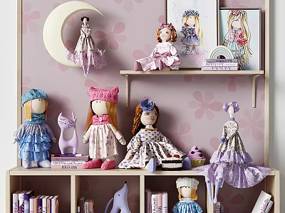 Cute Handmade Dolls with Frilly Dresses on Shelf Pink Floral Wall and Moon Decoration 3d model