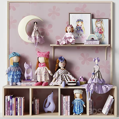 Cute Handmade Dolls with Frilly Dresses on Shelf Pink Floral Wall and Moon Decoration 3d model