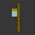 Modern Architectural Structure With Yellow Column Blue Small House And Spiral Staircase