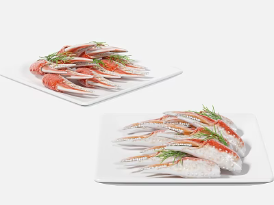 Fresh Aquatic Animal Crab Claws Arranged on White Plates With Green Herbs 3d model