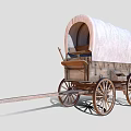Traditional Wooden Covered Wagon With White Canvas Top And Spoked Wheels