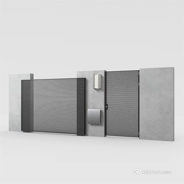 Modern Gate Design With Vertical Slats Concrete Walls And Wall Light 3d model