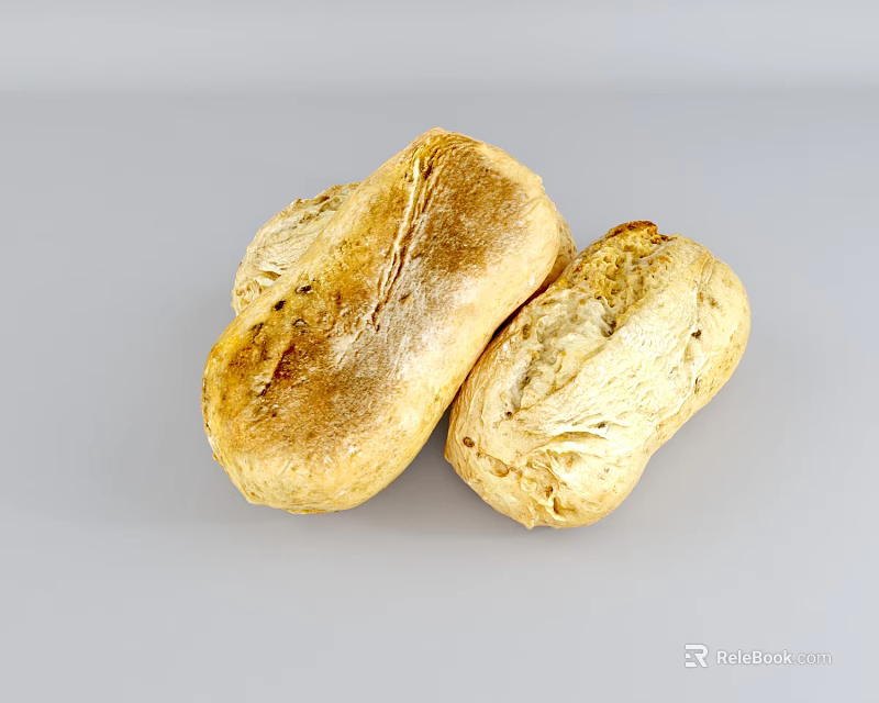 Two Golden Freshly Baked Artisanal Bread Loaves With Toasted Marks On Gray Background 3d model 
